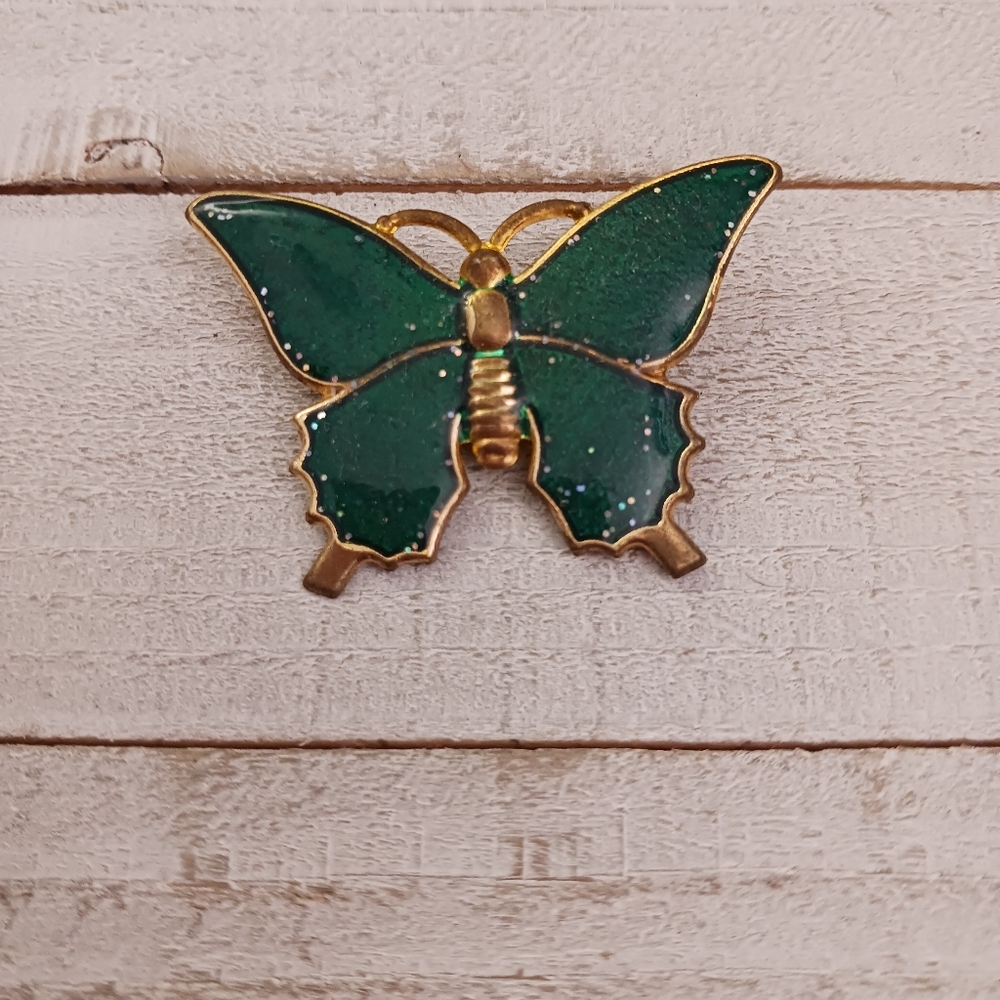 Vintage Goldtone & Green Enamel Butterfly Brooch